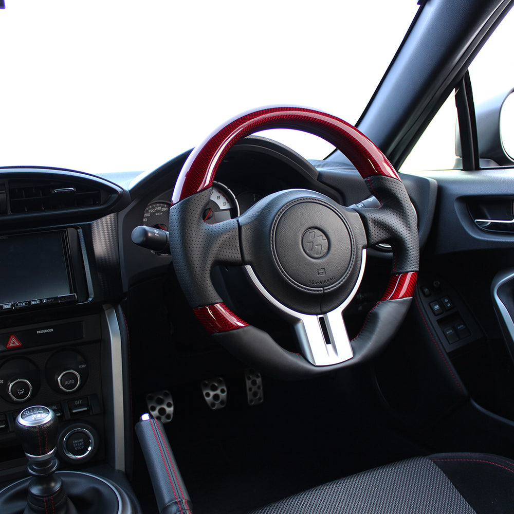 REAL PREMIUM SERIES D SHAPE RED CARBON 3C BLACK X RED EURO STITCH STEERING WHEEL FOR SUBARU BRZ ZC6:ZENKI  F4-D-RDC