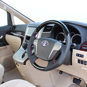 REAL ORIGINAL SERIES ROUND SHAPEPIANO BLACK RED EURO STITCH STEERING WHEEL FOR TOYOTA VELLFIRE HYBRID 20  H20-PBW-RD