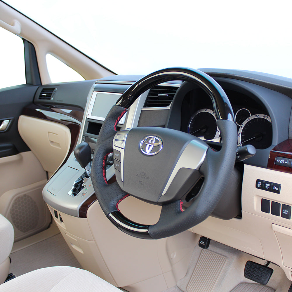 REAL ORIGINAL SERIES ROUND SHAPEPIANO BLACK RED EURO STITCH STEERING WHEEL FOR TOYOTA VELLFIRE 20  H20-PBW-RD