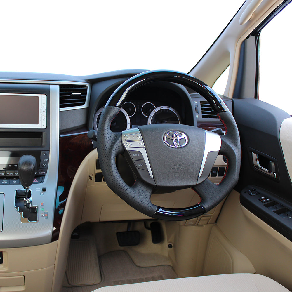 REAL ORIGINAL SERIES ROUND SHAPEPIANO BLACK RED EURO STITCH STEERING WHEEL FOR TOYOTA VELLFIRE HYBRID 20  H20-PBW-RD