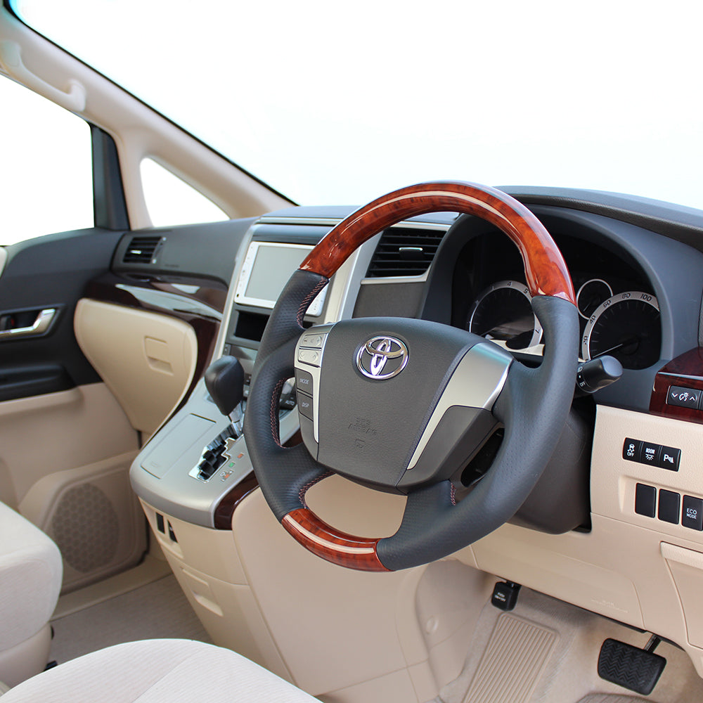 REAL ORIGINAL SERIES ROUND SHAPEMEDIUM BROWN WOOD BROWN EURO STITCH STEERING WHEEL FOR TOYOTA VELLFIRE HYBRID 20  H20-BRW-BR