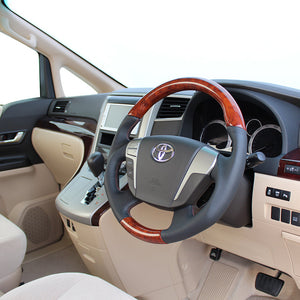 REAL ORIGINAL SERIES ROUND SHAPEMEDIUM BROWN WOOD BROWN EURO STITCH STEERING WHEEL FOR TOYOTA VELLFIRE HYBRID 20  H20-BRW-BR