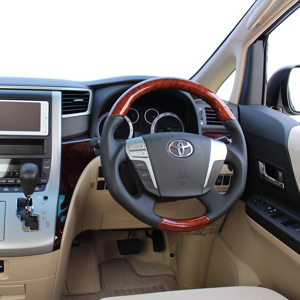 REAL ORIGINAL SERIES ROUND SHAPEMEDIUM BROWN WOOD BROWN EURO STITCH STEERING WHEEL FOR TOYOTA VELLFIRE HYBRID 20  H20-BRW-BR