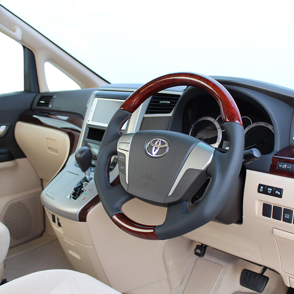 REAL ORIGINAL SERIES ROUND SHAPEDEEP BROWN WOOD BROWN EURO STITCH STEERING WHEEL FOR TOYOTA VELLFIRE HYBRID 20  H20-RBW-BR