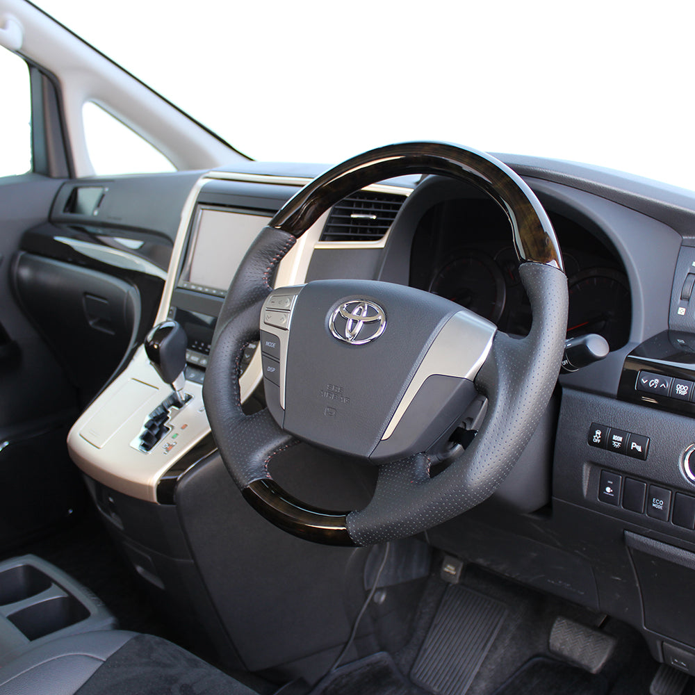 REAL ORIGINAL SERIES ROUND SHAPE54 BLACK WOOD BROWN STITCH STEERING WHEEL FOR TOYOTA VELLFIRE 20  H20-GDW-BR