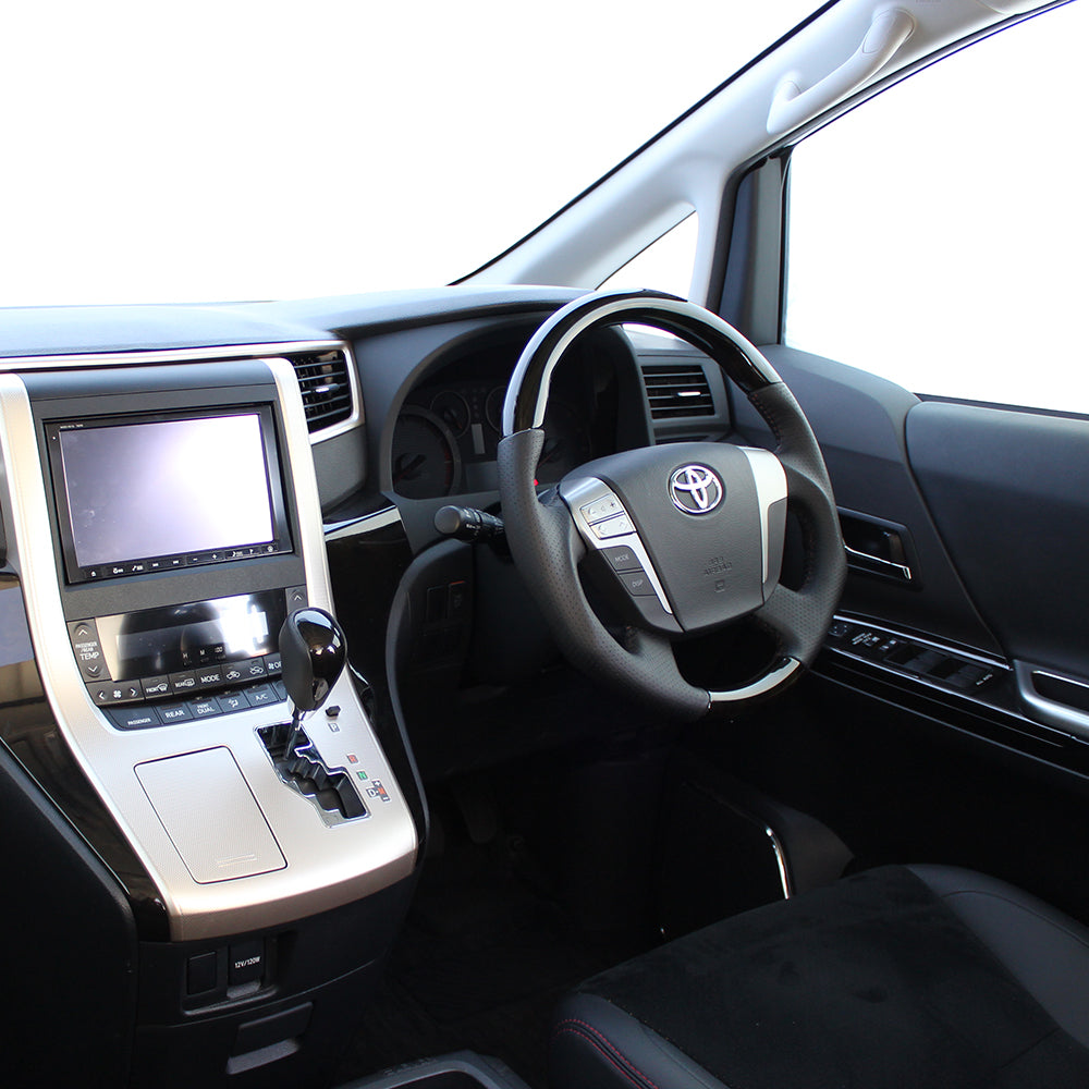 REAL ORIGINAL SERIES ROUND SHAPE54 BLACK WOOD BROWN STITCH STEERING WHEEL FOR TOYOTA VELLFIRE HYBRID 20  H20-GDW-BR