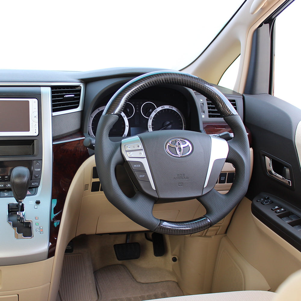 REAL ORIGINAL SERIES ROUND SHAPEBLACK CARBON BLACK EURO STITCH STEERING WHEEL FOR TOYOTA VELLFIRE 20  H20-BKC-BK