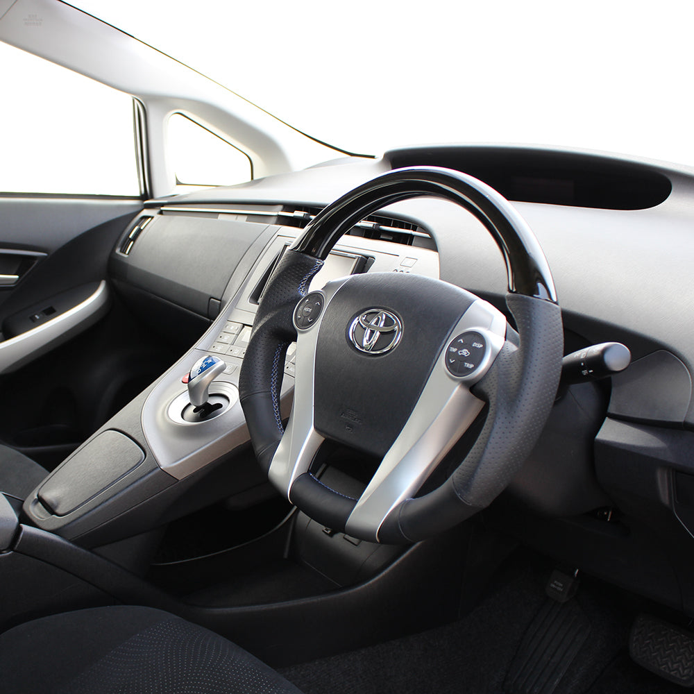 REAL PREMIUM SERIES OVAL SHAPE BLACK WOOD BLUE X SILVER EURO STITCH STEERING WHEEL FOR TOYOTA PRIUS Α 40  30-BS-BKW