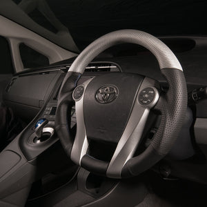 REAL PREMIUM SERIES OVAL SHAPE MATTE SILVER CARBON UNGLAZED BLUE X SILVER EURO STITCH STEERING WHEEL FOR TOYOTA AQUA NHP10  30-BS-SLC