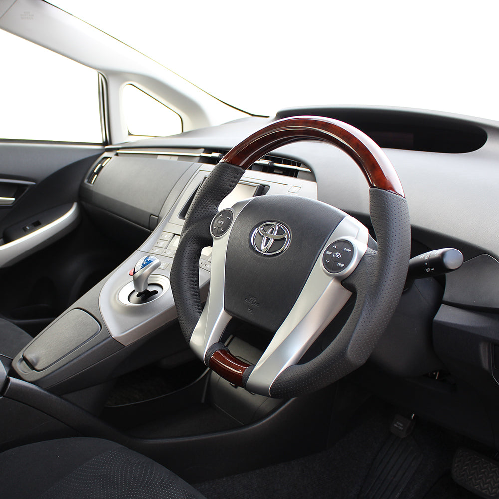 REAL ORIGINAL SERIES OVAL SHAPE BROWN WOOD BLACK STITCH STEERING WHEEL FOR TOYOTA PRIUS Α 40  30-2-BRW