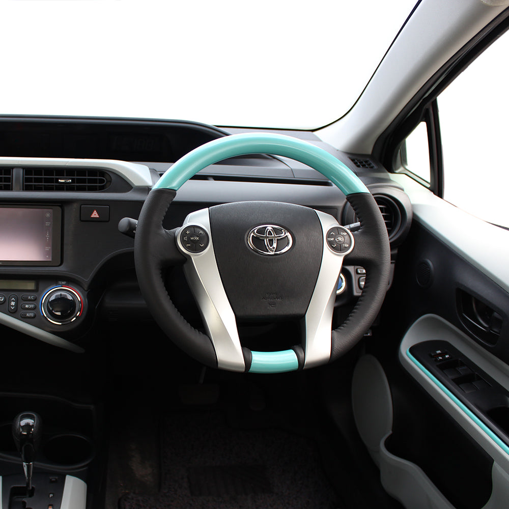 REAL ORIGINAL SERIES OVAL SHAPE COOL BLUE BLACK STITCH STEERING WHEEL FOR TOYOTA AQUA NHP10  30-1-BLP