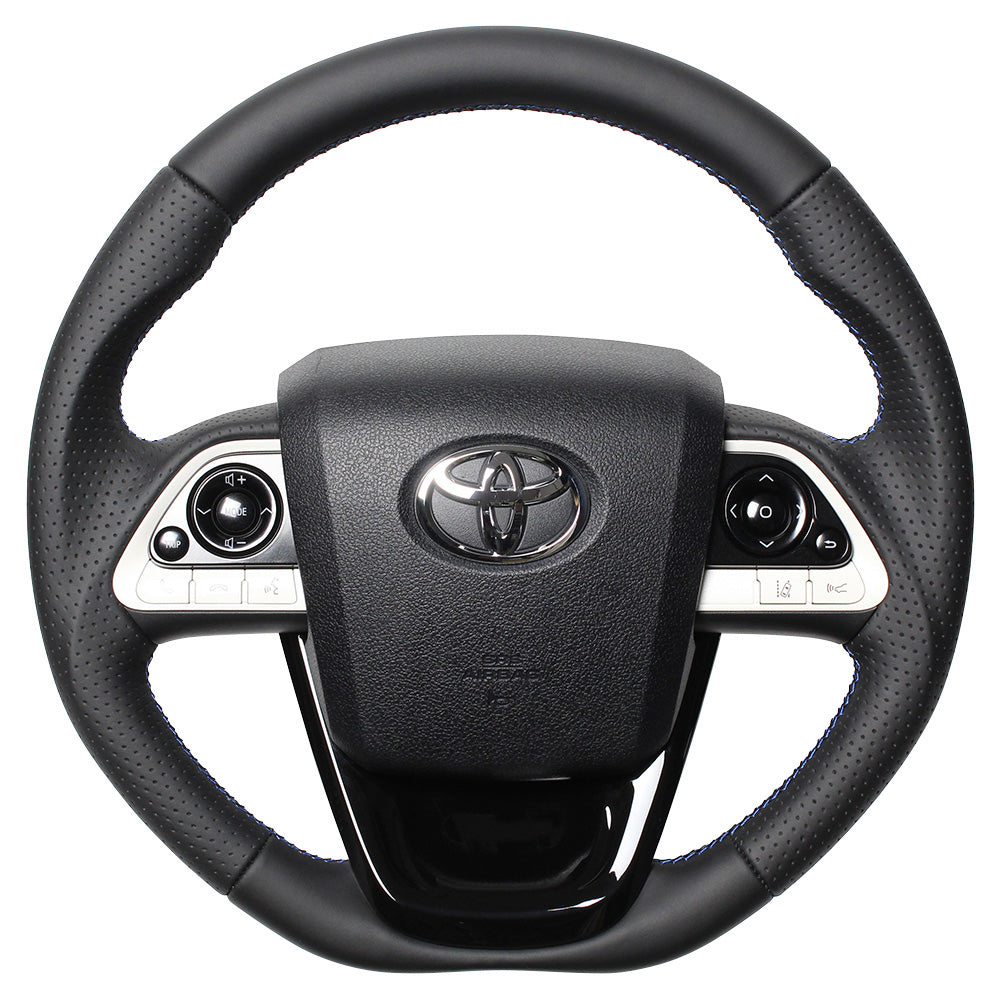 REAL PREMIUM SERIES SET BLACK NAPPA ALL LEATHER STEERING + PIANO BLACK UNDER PAD BLUE X BLACK EURO STITCH STEERING WHEEL FOR TOYOTA PRIUS PHV 50  50P-LPB-BL-PBP