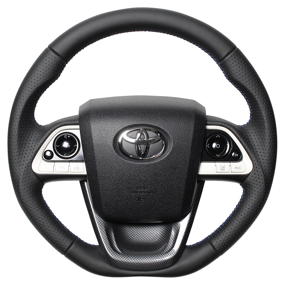 REAL PREMIUM SERIES SET BLACK NAPPA ALL LEATHER STEERING + BLACK CARBON PRINT UNDER PAD BLUE X BLACK EURO STITCH STEERING WHEEL FOR TOYOTA PRIUS 50  50P-LPB-BL-BKT
