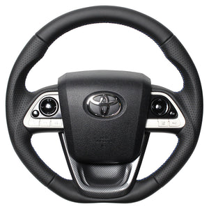 REAL PREMIUM SERIES SET BLACK NAPPA ALL LEATHER STEERING + BLACK CARBON PRINT UNDER PAD BLUE X BLACK EURO STITCH STEERING WHEEL FOR TOYOTA PRIUS 50  50P-LPB-BL-BKT