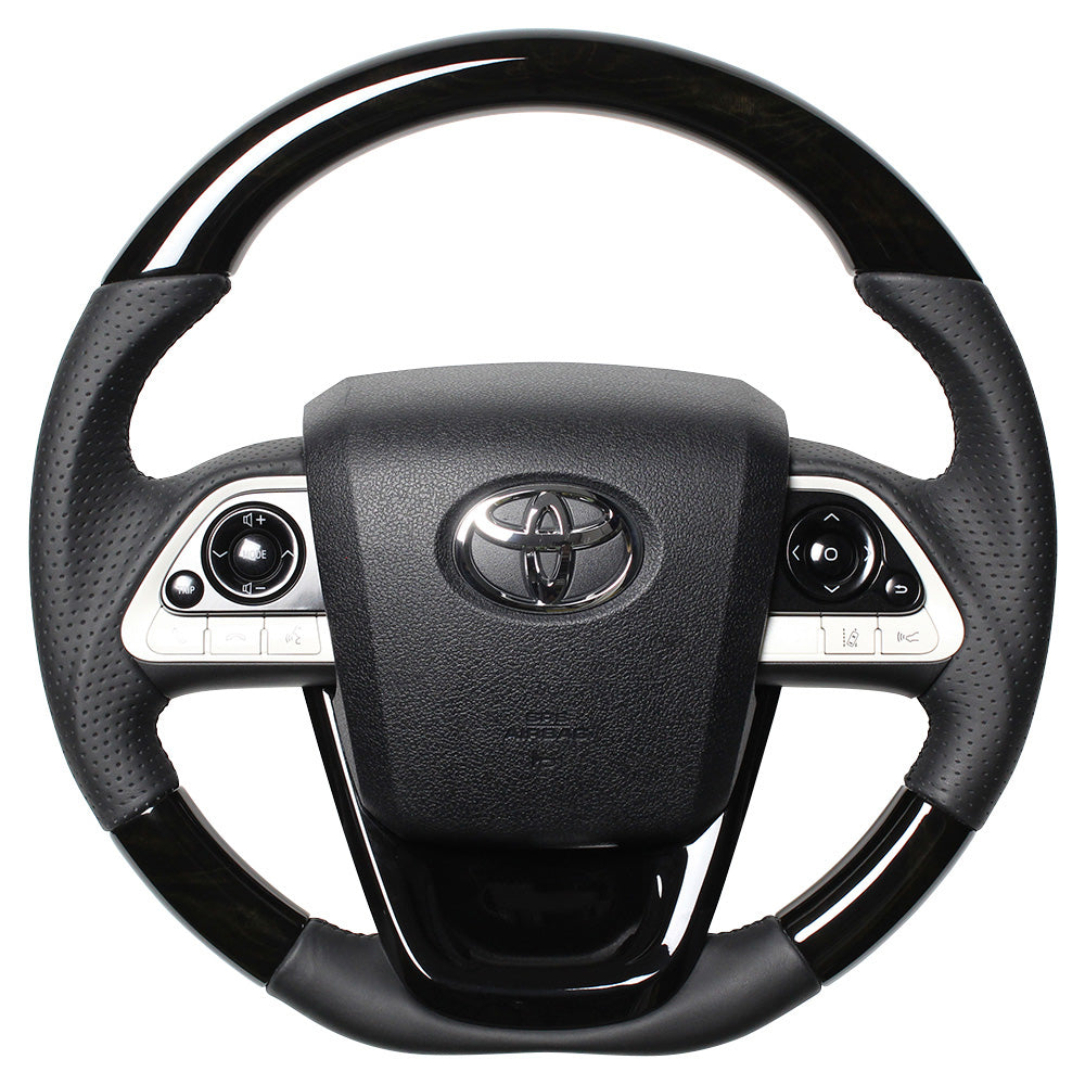 REAL PREMIUM SERIES SET BLACK WOOD STEERING + PIANO BLACK UNDER PAD BLACK EURO STITCH STEERING WHEEL FOR TOYOTA MIRAI 10  50P-BKW-BK-PBP