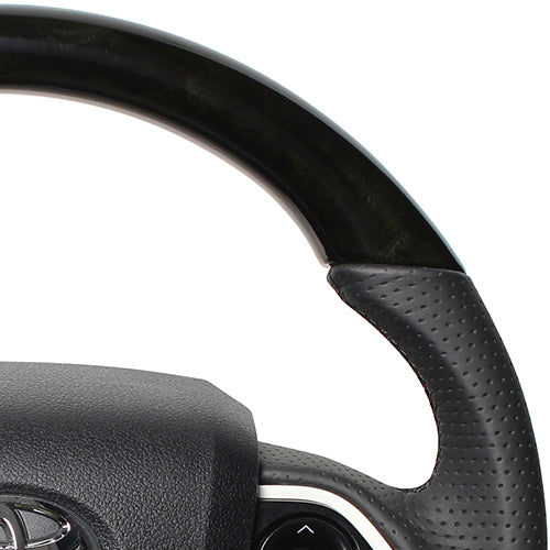 REAL PREMIUM SERIES SET BLACK WOOD STEERING + PIANO BLACK UNDER PAD BLACK EURO STITCH STEERING WHEEL FOR TOYOTA MIRAI 10  50P-BKW-BK-PBP