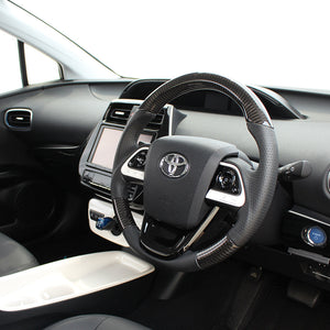 REAL PREMIUM SERIES SET BLACK CARBON STEERING + PIANO BLACK UNDER PAD BLACK EURO STITCH STEERING WHEEL FOR TOYOTA MIRAI 10  50P-BKC-BK-PBP