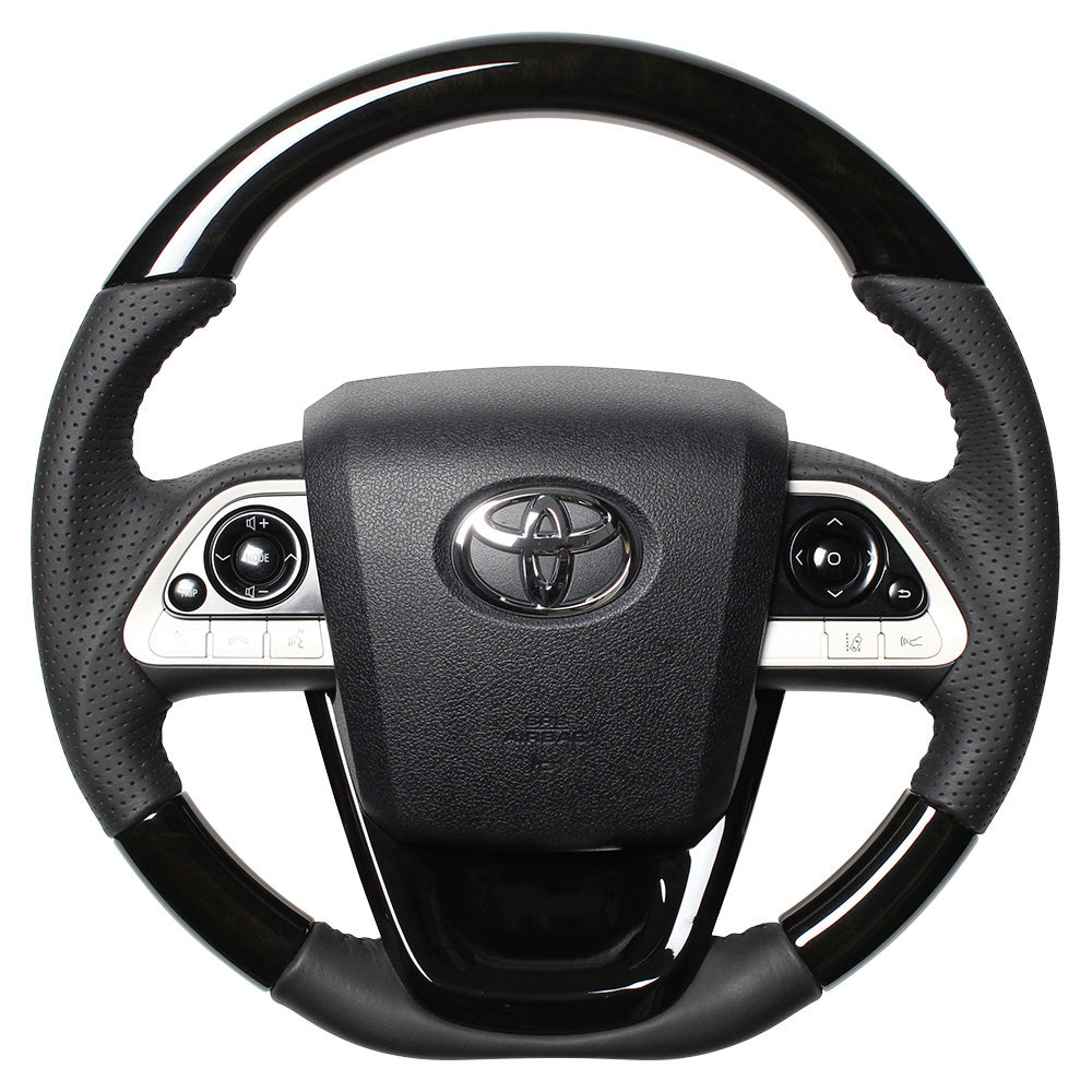 REAL ORIGINAL SERIES SET BLACK WOOD STEERING + PIANO BLACK UNDER PAD BLACK STITCH STEERING WHEEL FOR TOYOTA MIRAI 10  50-BKW-BK-PBP