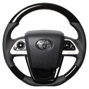 REAL ORIGINAL SERIES SET BLACK WOOD STEERING + PIANO BLACK UNDER PAD BLACK STITCH STEERING WHEEL FOR TOYOTA MIRAI 10  50-BKW-BK-PBP