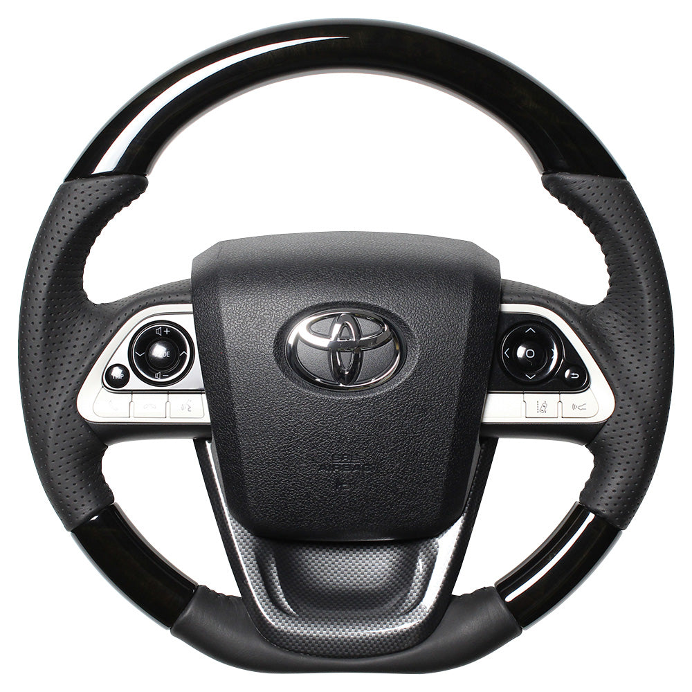 REAL ORIGINAL SERIES SET BLACK WOOD STEERING + BLACK CARBON PRINT UNDER PAD BLACK STITCH STEERING WHEEL FOR TOYOTA PRIUS 50  50-BKW-BK-BKT