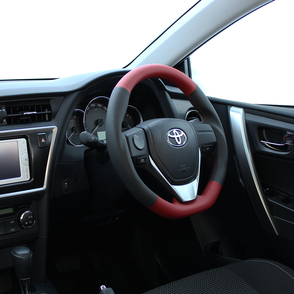 REAL ORIGINAL SERIES D SHAPE RED & BLACK ALL LEATHER RED X BLACK EURO STITCH STEERING WHEEL FOR TOYOTA AURIS 180  E160-LPB-RD