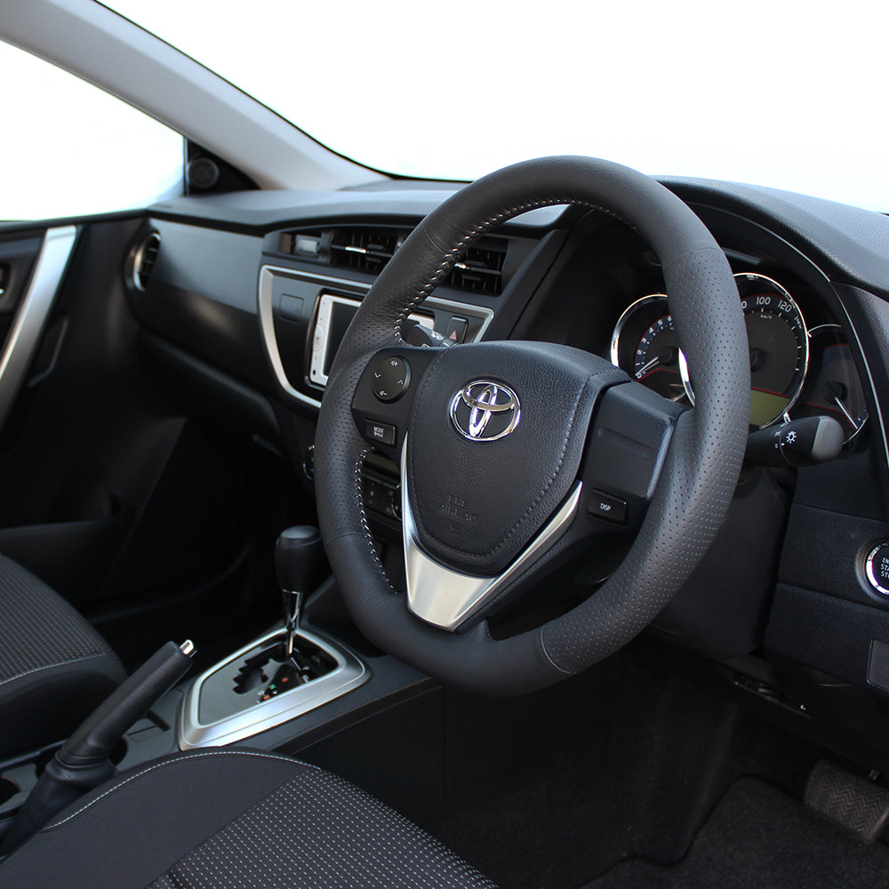 REAL ORIGINAL SERIES D SHAPE BLACK ALL LEATHER SILVER STITCH STEERING WHEEL FOR TOYOTA AURIS 180  E160-LPB-SL
