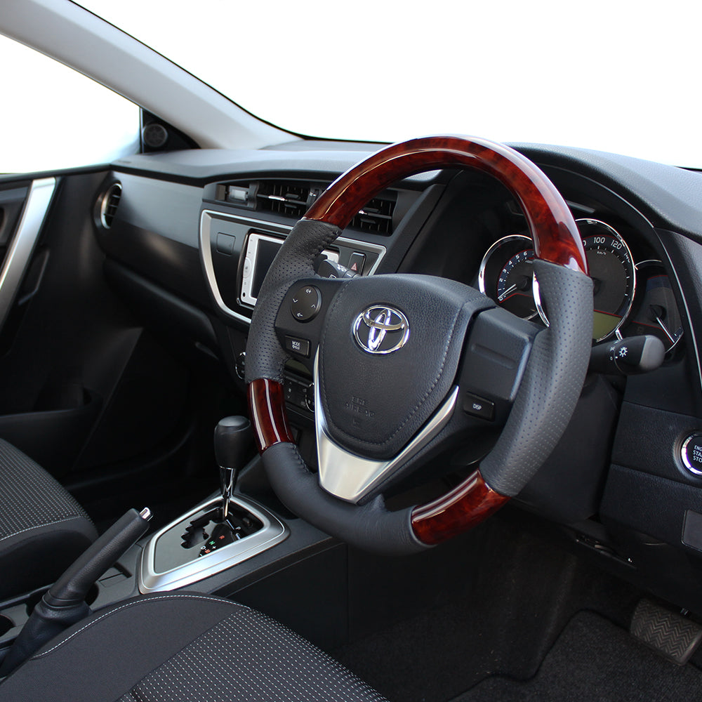 REAL ORIGINAL SERIES D SHAPE BROWN WOOD BLACK STITCH STEERING WHEEL FOR TOYOTA AURIS 180  E160-BRW-BK