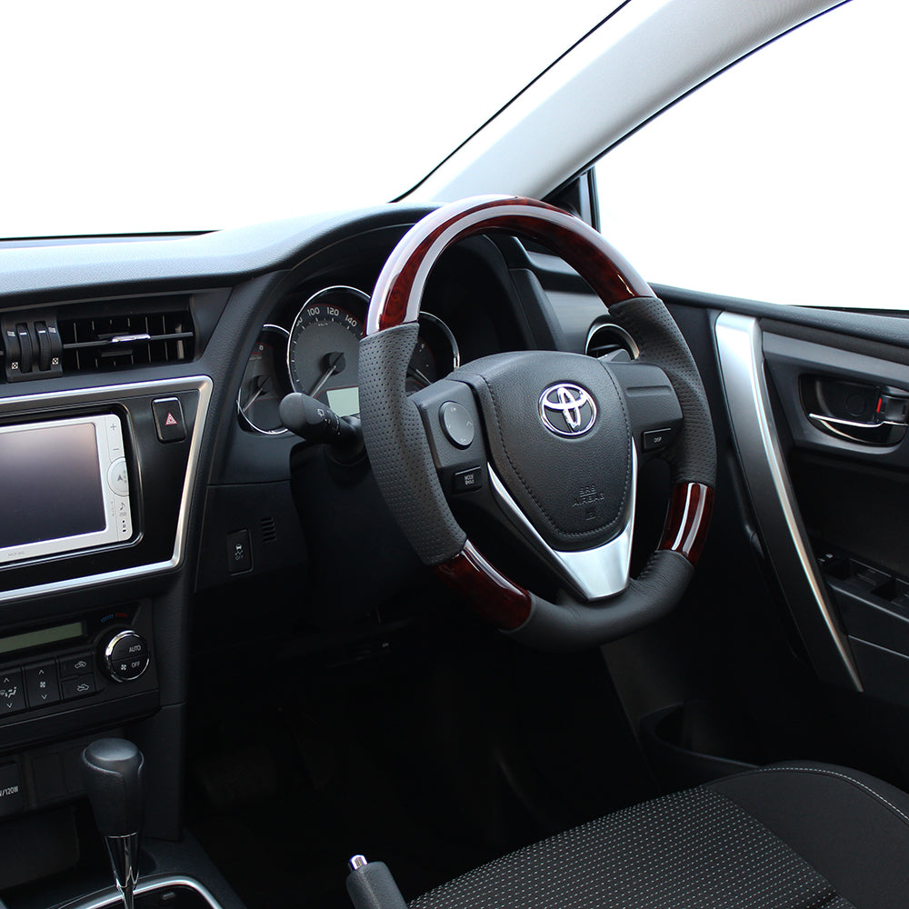 REAL ORIGINAL SERIES D SHAPE BROWN WOOD BLACK STITCH STEERING WHEEL FOR TOYOTA AURIS 180  E160-BRW-BK