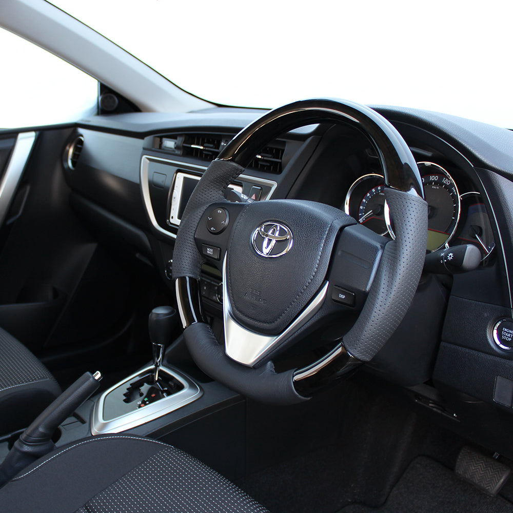 REAL ORIGINAL SERIES D SHAPE BLACK WOOD BLACK STITCH STEERING WHEEL FOR TOYOTA AURIS 180  E160-BKW-BK