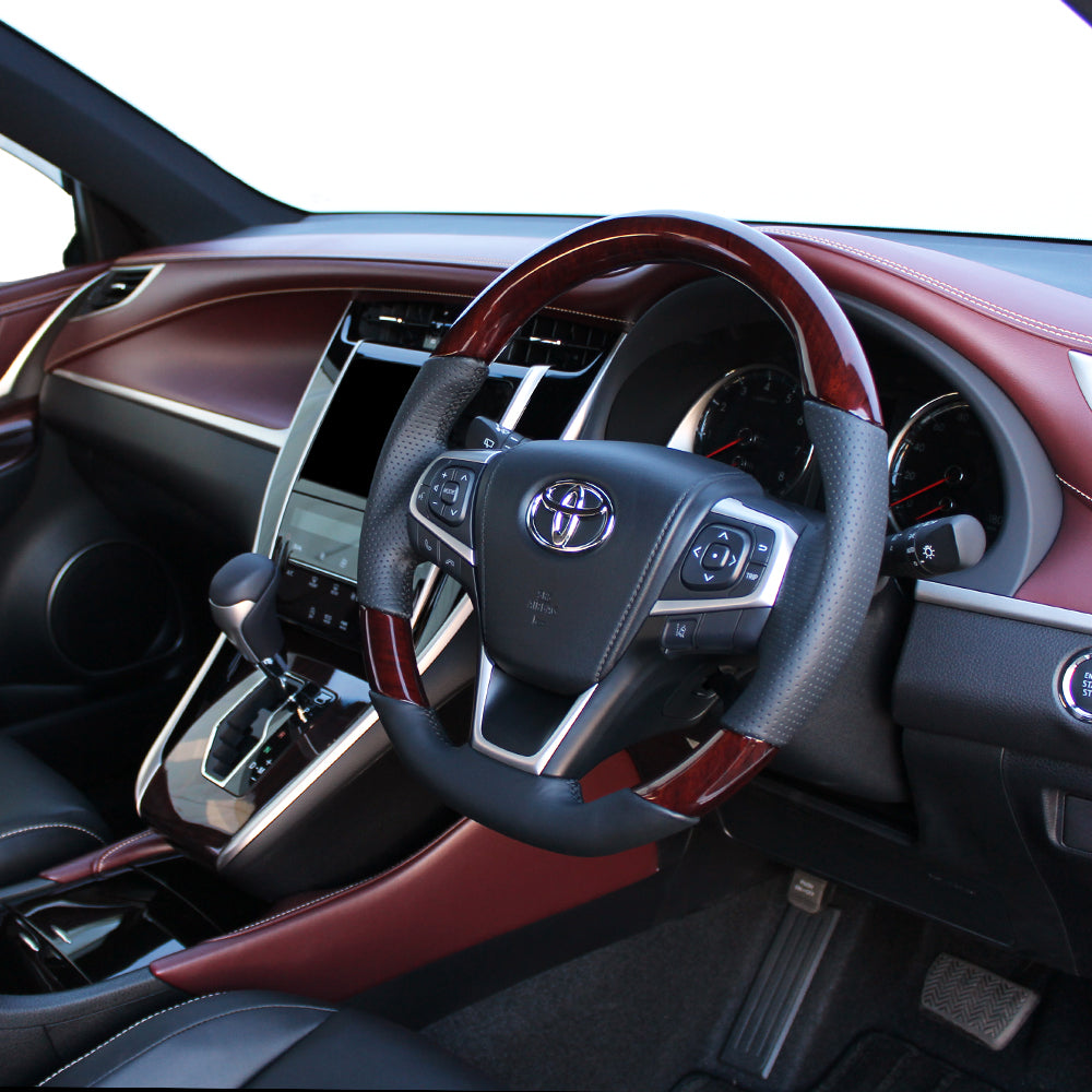 REAL PREMIUM SERIES SOFT D SHAPE 56 BROWN WOOD BLACK EURO STITCH STEERING WHEEL FOR DAIHATSU ALTIS 50 : KOUKI  U60-BRW-BK