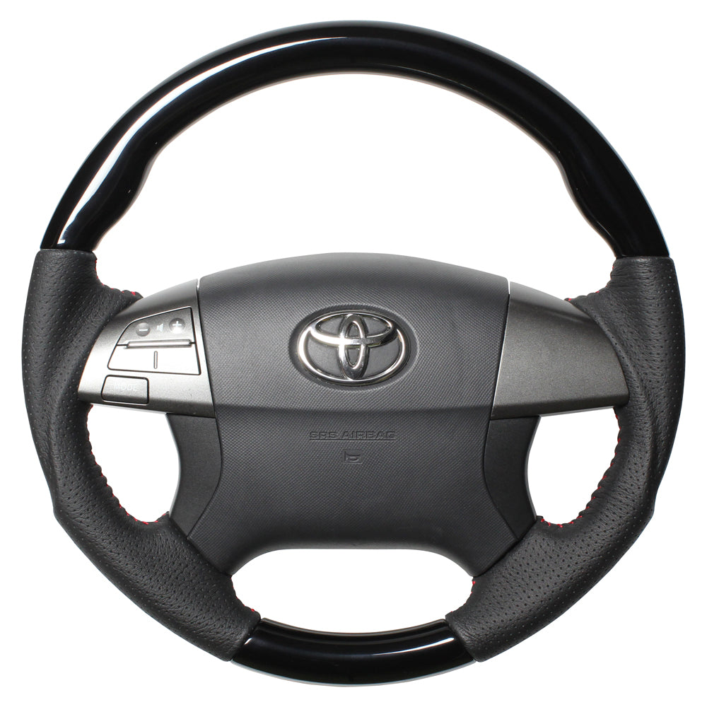 REAL ORIGINAL SERIES ROUND SHAPE PIANO BLACK RED STITCH STEERING WHEEL FOR TOYOTA ESTIMA 50 : 1-3 TYPES  R50-PBW-RD