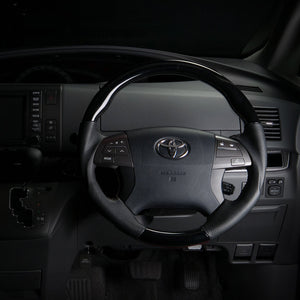 REAL ORIGINAL SERIES ROUND SHAPE PIANO BLACK RED STITCH STEERING WHEEL FOR TOYOTA VOXY 70 4 SPOKE TYPE R50-PBW-RD