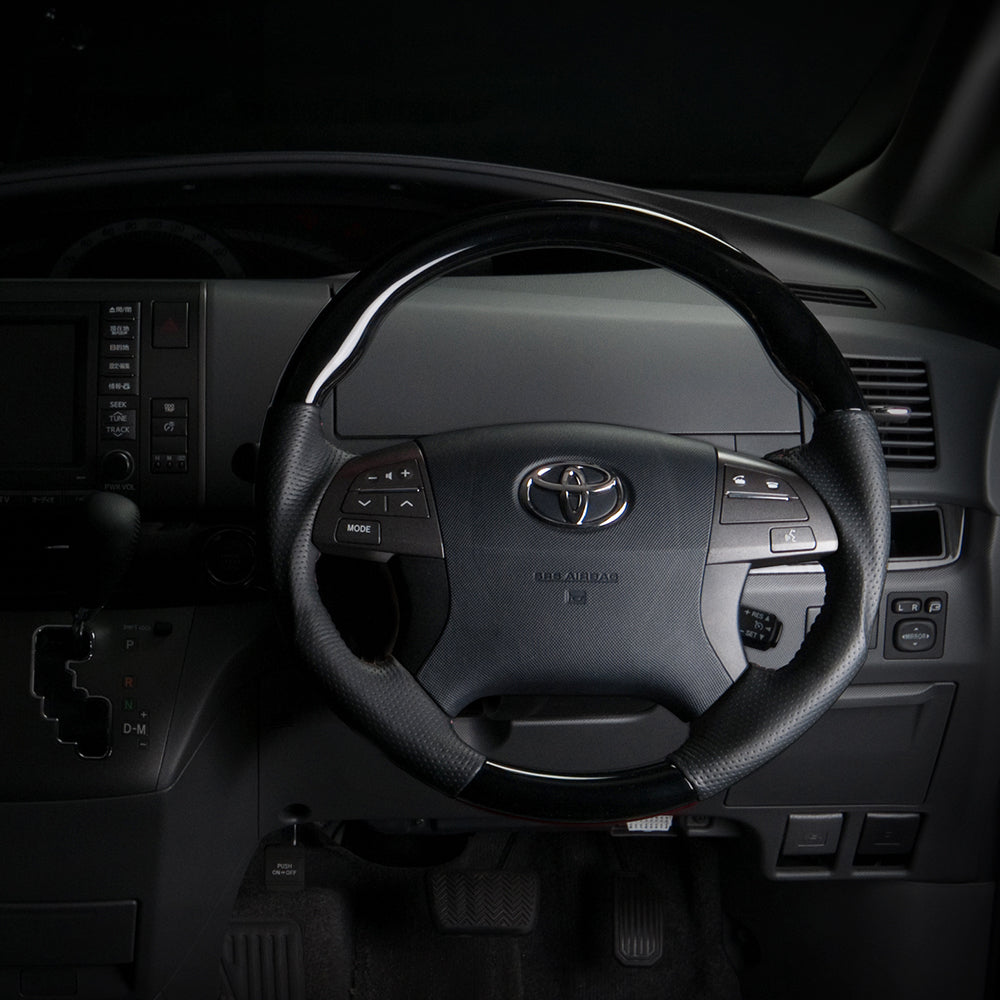 REAL ORIGINAL SERIES ROUND SHAPE PIANO BLACK RED STITCH STEERING WHEEL FOR TOYOTA ESTIMA 50 : 1-3 TYPES  R50-PBW-RD