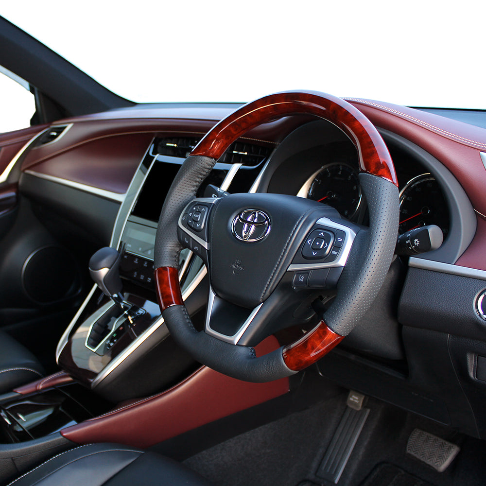 REAL ORIGINAL SERIES SOFT D SHAPE BROWN WOOD BLACK STITCH STEERING WHEEL FOR TOYOTA VOXY 80  R80-BRW-BK