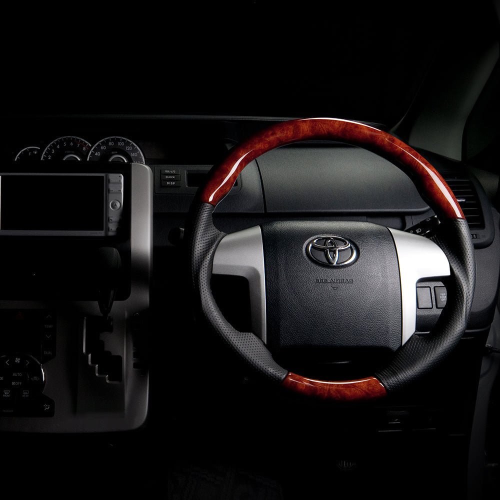 REAL ORIGINAL SERIES ROUND SHAPE BROWN WOOD BROWN STITCH STEERING WHEEL FOR TOYOTA ESTIMA 50 : 1-3 TYPES  R50-BRW-BR