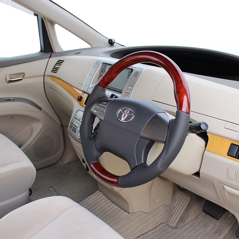 REAL ORIGINAL SERIES ROUND SHAPE BROWN WOOD BROWN STITCH STEERING WHEEL FOR TOYOTA ESTIMA 50 : 1-3 TYPES  R50-BRW-BR