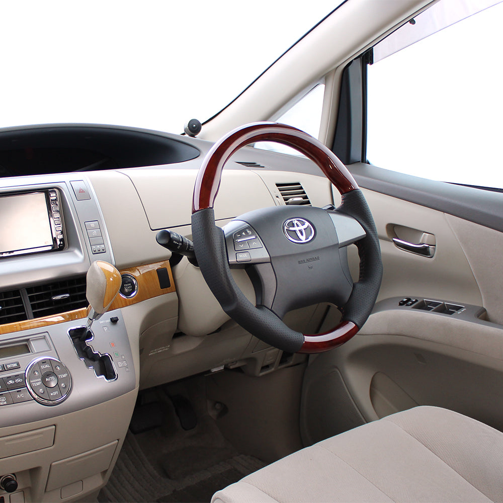 REAL ORIGINAL SERIES ROUND SHAPE BROWN WOOD BROWN STITCH STEERING WHEEL FOR TOYOTA ESTIMA 50 : 1-3 TYPES  R50-BRW-BR