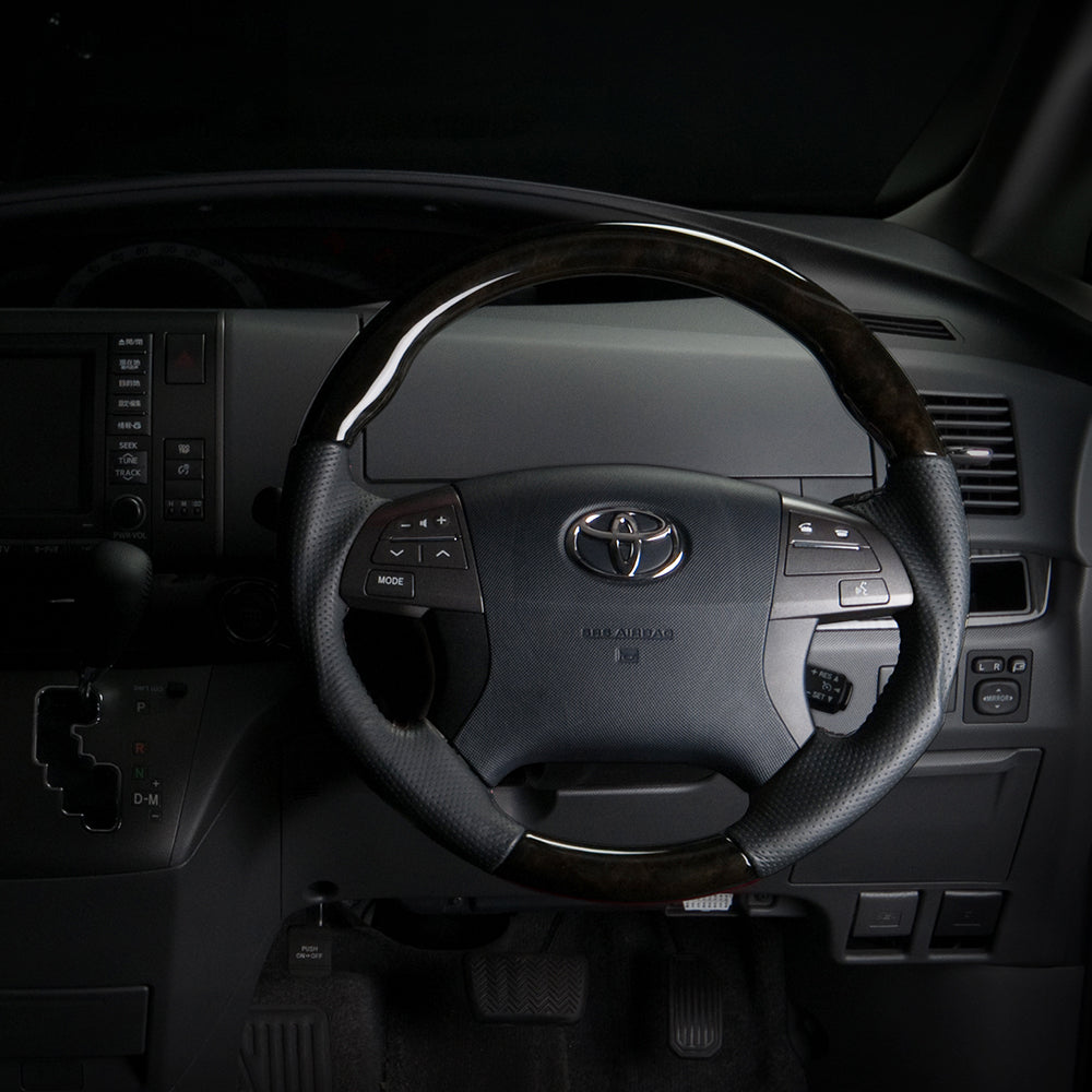 REAL ORIGINAL SERIES ROUND SHAPE BLACK WOOD BLACK STITCH STEERING WHEEL FOR TOYOTA MARK X ZIO 10  R50-BKW-BK