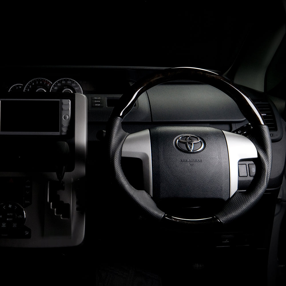 REAL ORIGINAL SERIES ROUND SHAPE BLACK WOOD BLACK STITCH STEERING WHEEL FOR TOYOTA ESTIMA 50 : 1-3 TYPES  R50-BKW-BK