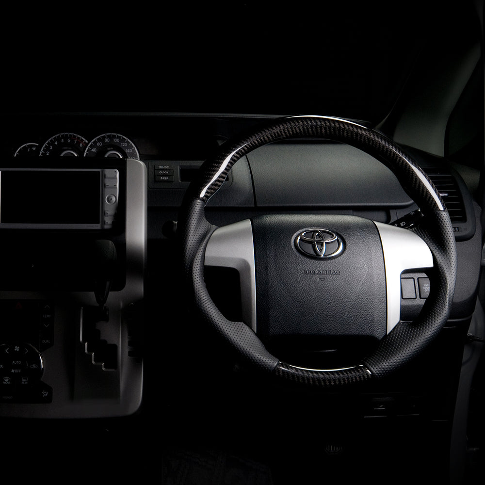 REAL ORIGINAL SERIES ROUND SHAPE BLACK CARBON RED STITCH STEERING WHEEL FOR TOYOTA ESTIMA 50 : 1-3 TYPES  R50-BKC-RD