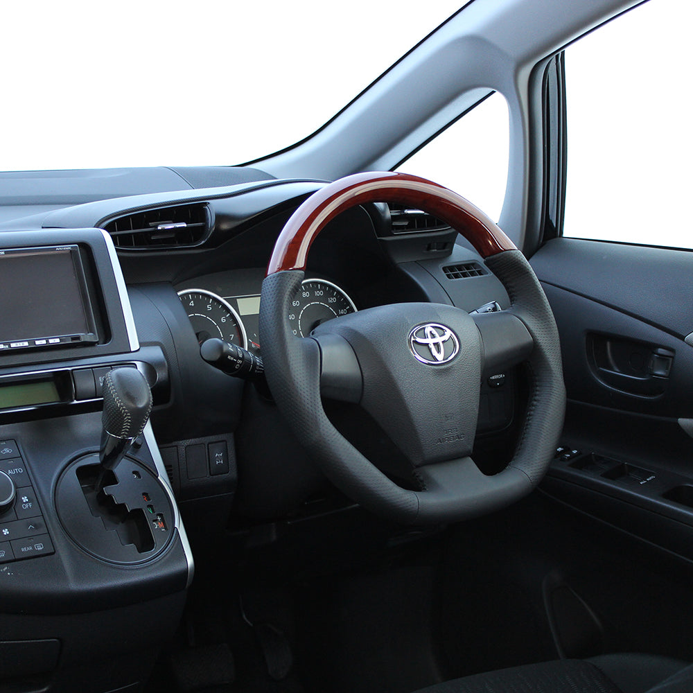 REAL ORIGINAL SERIES D SHAPE BROWN WOOD BLACK STITCH STEERING WHEEL FOR TOYOTA VOXY 70 : KOUKI 3 SPOKE TYPE E20-BRW-BK