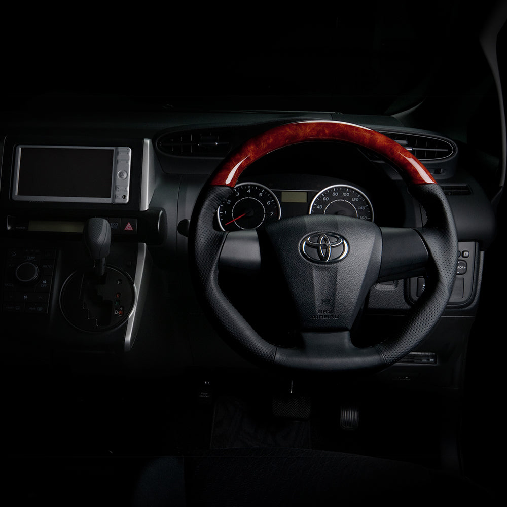 REAL ORIGINAL SERIES D SHAPE BROWN WOOD BLACK STITCH STEERING WHEEL FOR TOYOTA VOXY 70 : KOUKI 3 SPOKE TYPE E20-BRW-BK