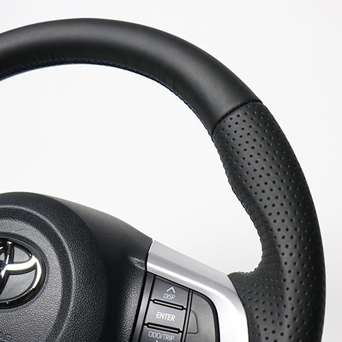 REAL ORIGINAL SERIES SOFT D SHAPE ALL LEATHER BLUE X BLACK EURO STITCH STEERING WHEEL FOR DAIHATSU ATRAI WAGON S321G: KOUKI S331G: KOUKI  M90-LPB-BL