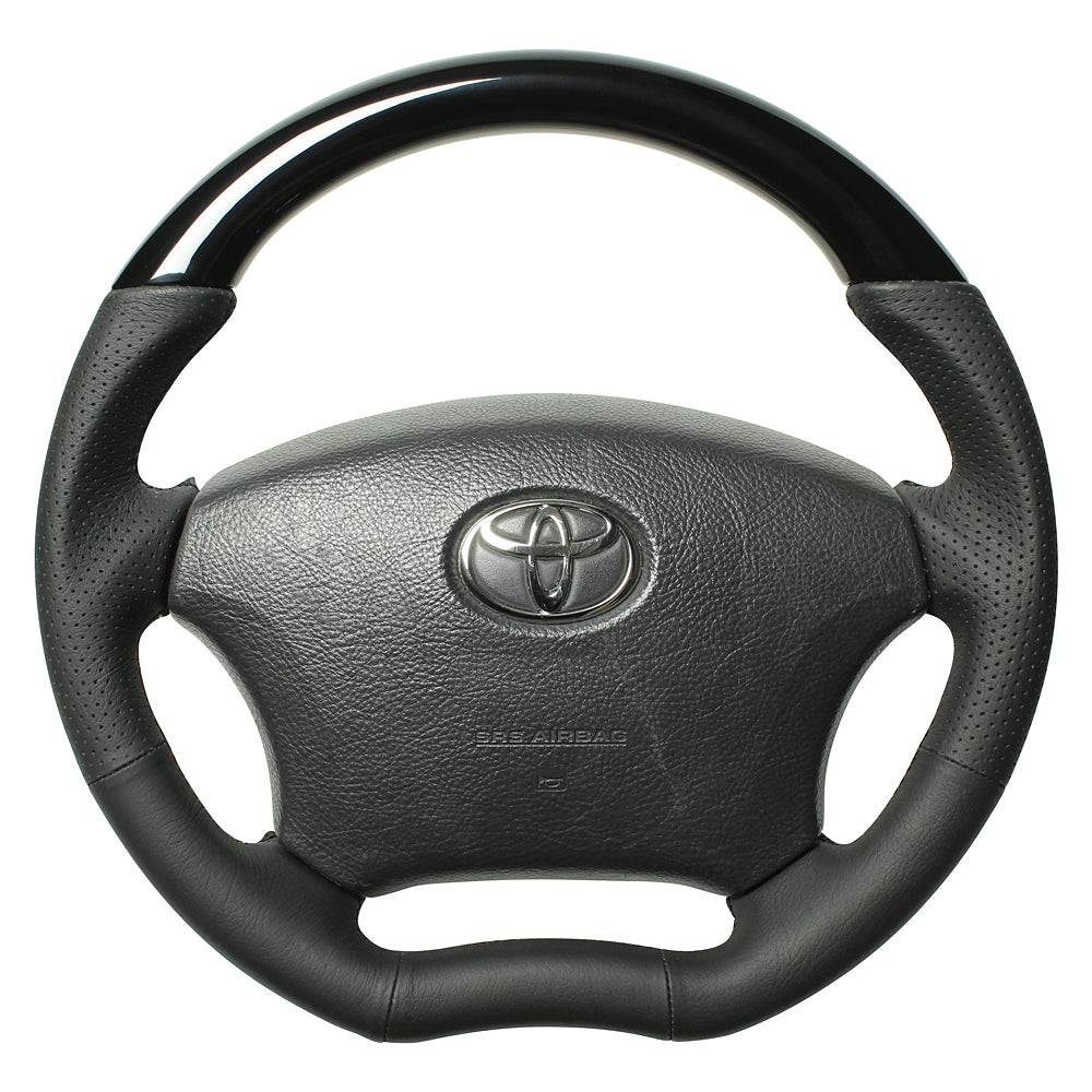 REAL ORIGINAL SERIES C SHAPE PIANO BLACK BLACK EURO STITCH STEERING WHEEL FOR TOYOTA REGIUS ACE 200 : 1-3 TYPES  H200-PBW-BK
