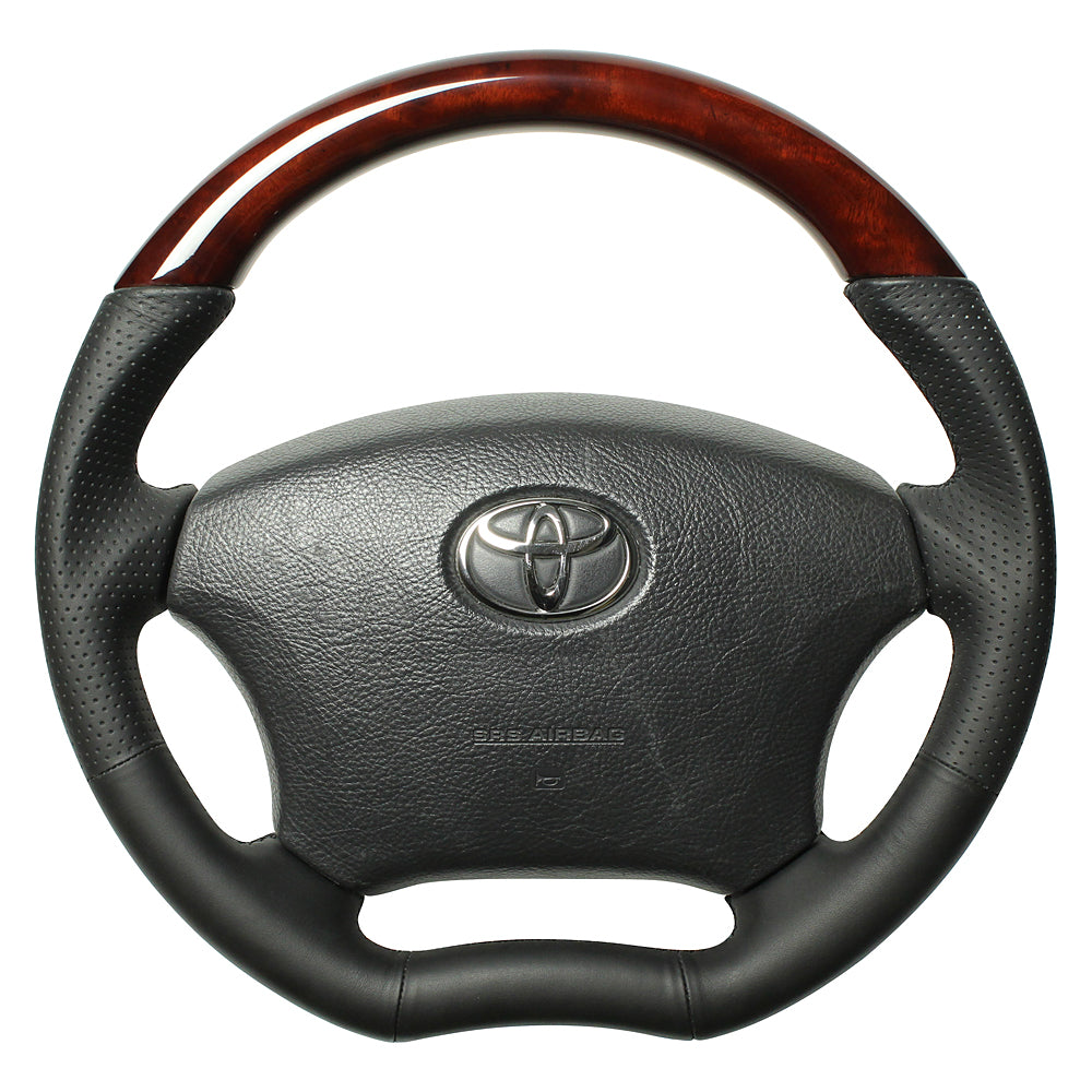 REAL ORIGINAL SERIES C SHAPE BROWN WOOD BLACK EURO STITCH STEERING WHEEL FOR TOYOTA ESTIMA 30 : KOUKI 40 : KOUKI  H200-BRW-BK