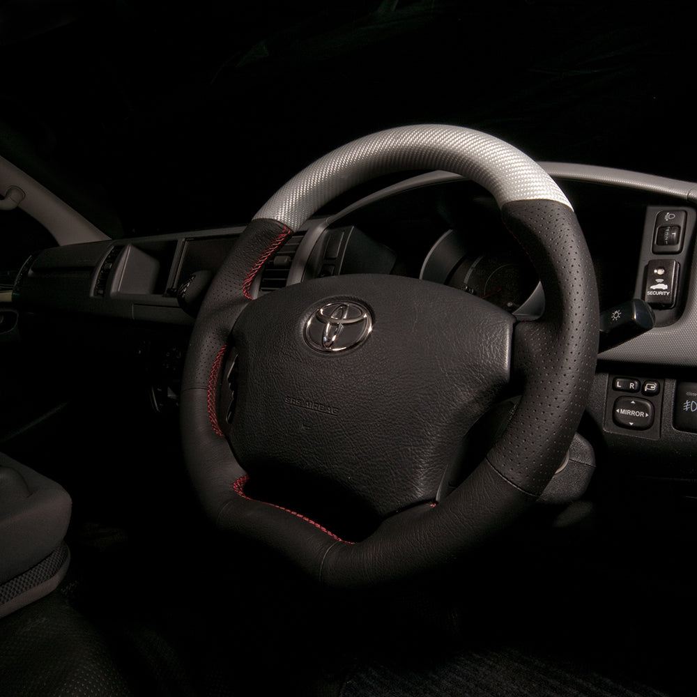 REAL ORIGINAL SERIES C SHAPE MATTE SILVER CARBON UNGLAZED RED X GRAY EURO STITCH STEERING WHEEL FOR TOYOTA LITEACE VAN S402  H200-SLC-RD