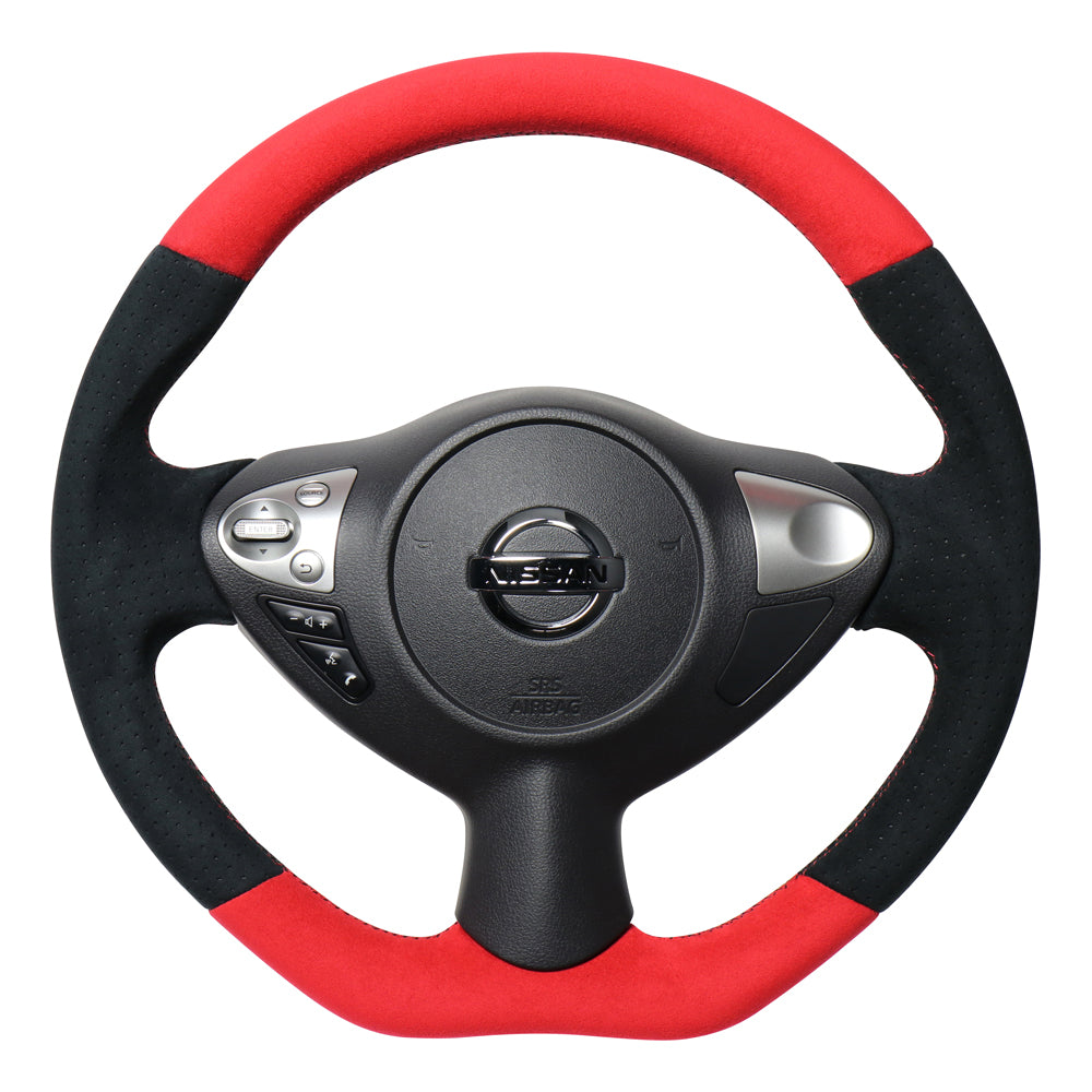REAL ORIGINAL SERIES D SHAPE RED & BLACK ULTRA SUEDE RED X BLACK EURO STITCH STEERING WHEEL FOR NISSAN MARCH NISMO K13  NSB-ALC-RD