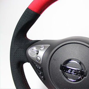 REAL ORIGINAL SERIES D SHAPE RED & BLACK ULTRA SUEDE RED X BLACK EURO STITCH STEERING WHEEL FOR NISSAN FAIRLADY Z Z34 NSB-ALC-RD