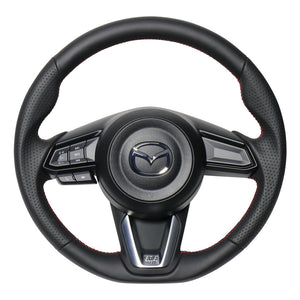 REAL ORIGINAL SERIES SOFT D SHAPE ALL LEATHER RED X BLACK EURO STITCH STEERING WHEEL FOR MAZDA MAZDA2 DJ  MZD-LPB-RD