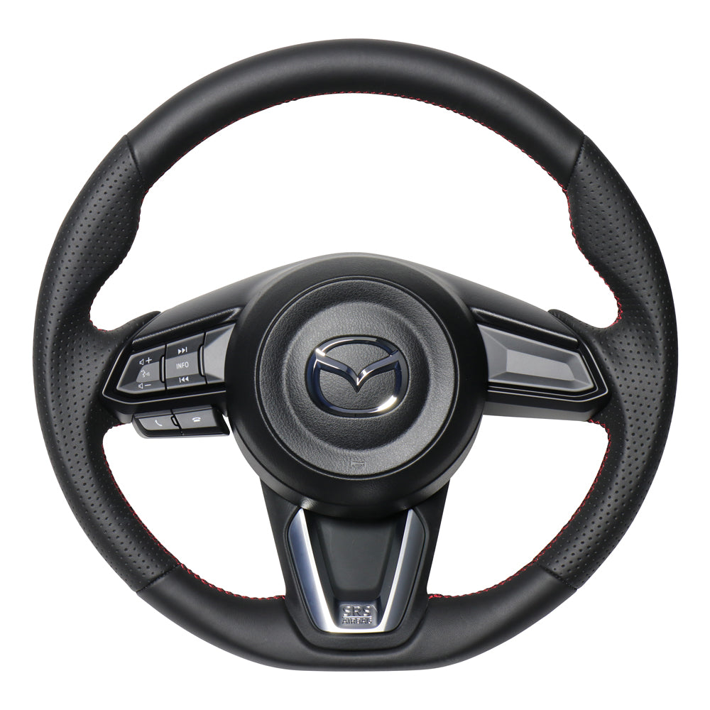 REAL ORIGINAL SERIES SOFT D SHAPE ALL LEATHER RED X BLACK EURO STITCH STEERING WHEEL FOR MAZDA CX-8 KG  MZD-LPB-RD